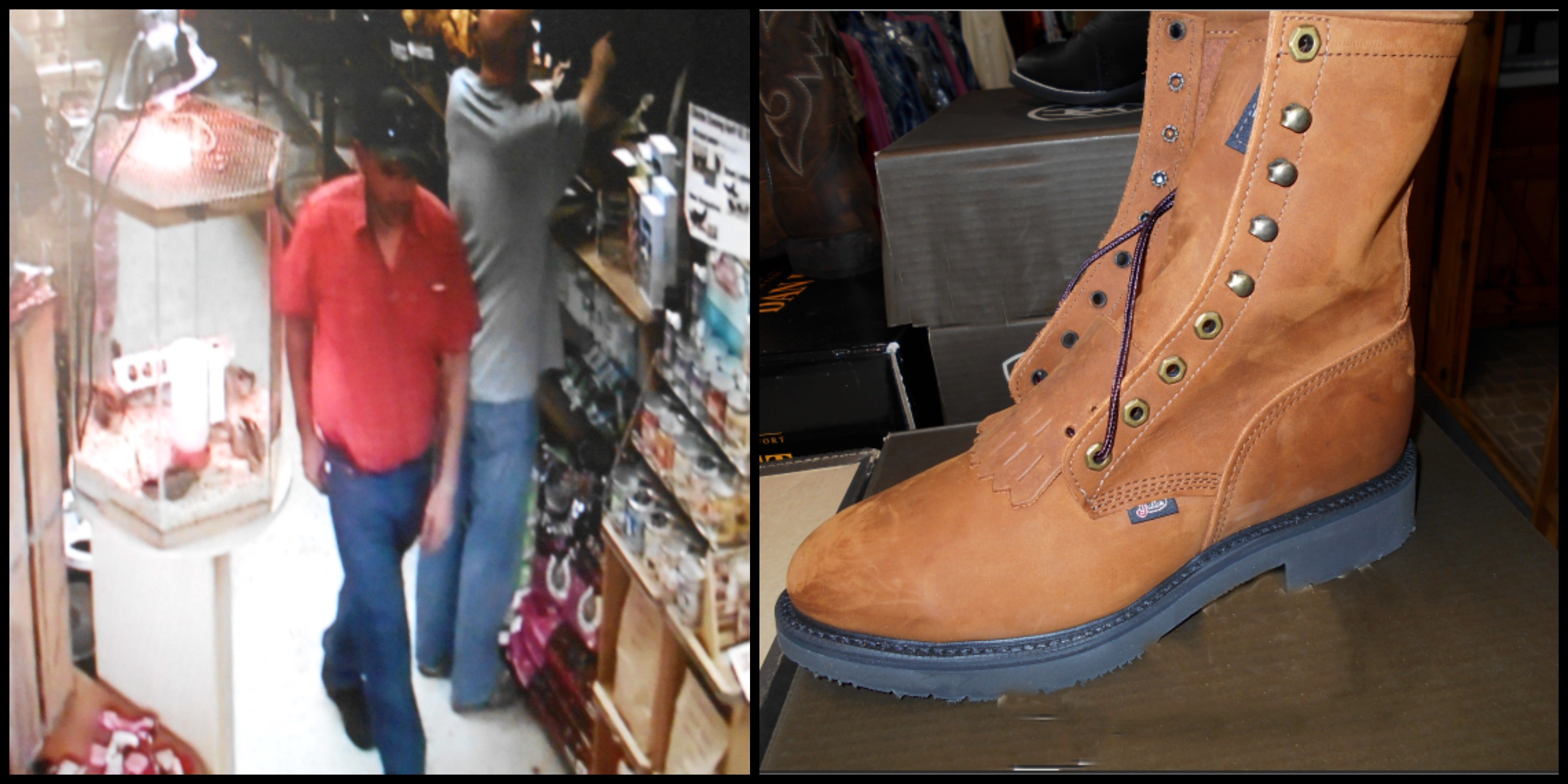 Justin boot theft suspect and photo of actual boot